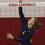 Homer junior Karmyn Gallios unleashes a hit Friday, Oct. 26, 2018 at Kenai Central High School in Kenai, Alaska. (Photo by Joey Klecka/Peninsula Clarion)