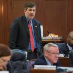 Sen. Bill Wielechowski, D-Anchorage, speaks to his amendment to the states operating budget to inflation-proof the Alaska Permanent Fund in the Senate at the Capitol on Thursday, April 12, 2018. (Michael Penn | Juneau Empire file)