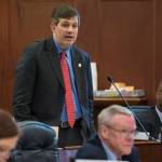 Sen. Bill Wielechowski, D-Anchorage, speaks to his amendment to the states operating budget to inflation-proof the Alaska Permanent Fund in the Senate at the Capitol on Thursday, April 12, 2018. (Michael Penn | Juneau Empire file)