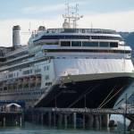 The Holland America Line ship Amsterdam sits at port in Juneau on Tuesday, Sept. 11, 2018. The Amsterdam is one of nine ships that have received Notice of Violations for air opacity issued by the Alaska Department of Environmental Conservation. (Michael Penn | Juneau Empire)