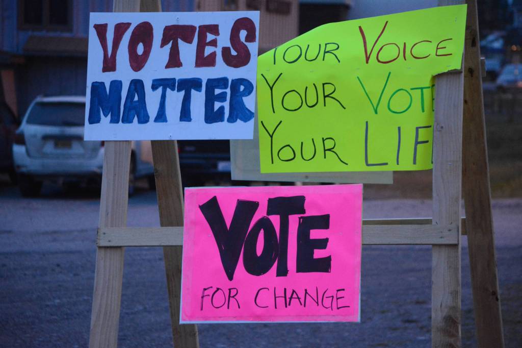 A set of signs at the corner of Pioneer Avenue and Heath Street takes a nonpartisan approach to the election on Nov. 6, 2018. (Photo by Michael Armstrong/Homer News)