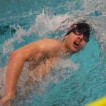 Kenai swimmer Trevor Bagley races in the boys 400-yard freestyle relay Saturday, Nov. 3, 2018 at the ASAA swimming and diving state championships at Bartlett High School in Anchorage, Alaska. (Photo by Joey Klecka/Peninsula Clarion)
