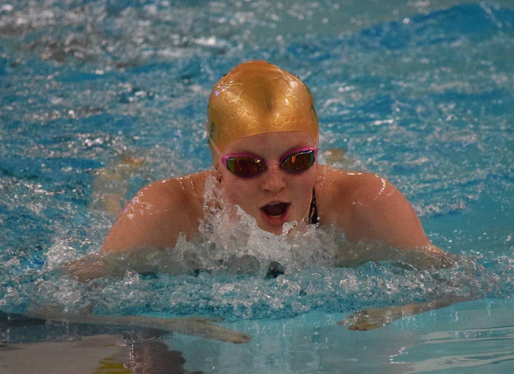 Sewards Lydia Jacoby races in the girls 100-yard breaststroke final Saturday, Nov. 3, 2018 at the ASAA swimming and diving state championships at Bartlett High School in Anchorage, Alaska. (Photo by Joey Klecka/Peninsula Clarion)