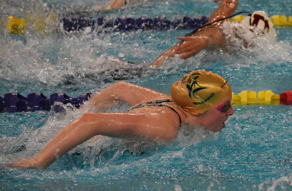 Sewards Lydia Jacoby races in the girls 200-yard IM final Saturday, Nov. 3, 2018 at the ASAA swimming and diving state championships at Bartlett High School in Anchorage, Alaska. (Photo by Joey Klecka/Peninsula Clarion)