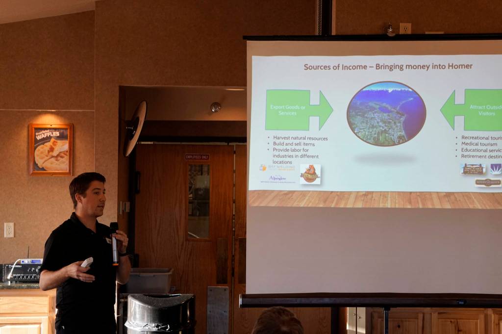 Patrick Mede, co-owner with his wife, Monica, of Ulmers Drug & Hardware, speaks about the importance of shopping local at the monthly luncheon of the Homer Chamber of Commerce and Visitor Center on Tuesday, Nov. 13, 2018, at the Best Western Bidarka Inn, Homer, Alaska. (Photo by Michael Armstrong/Homer News)