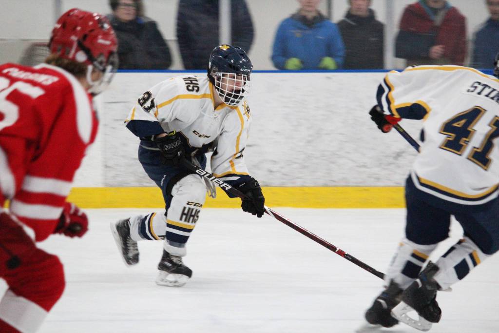 Homers Lee Lowe skates up the ice during the last game of the End of the Road Shootout between Homer and Wasilla on Saturday, Nov. 17, 2018 at Kevin Bell Arena in Homer, Alaska. (Photo by Megan Pacer/Homer News)