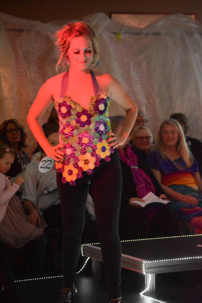 Britt Huffman models Travelling Hexis Through States by Linda Skelton at the 2018 Wearable Arts on Nov. 17, 2018, in Homer, Alaska. (Photo by Michael Armstrong/Homer News)
