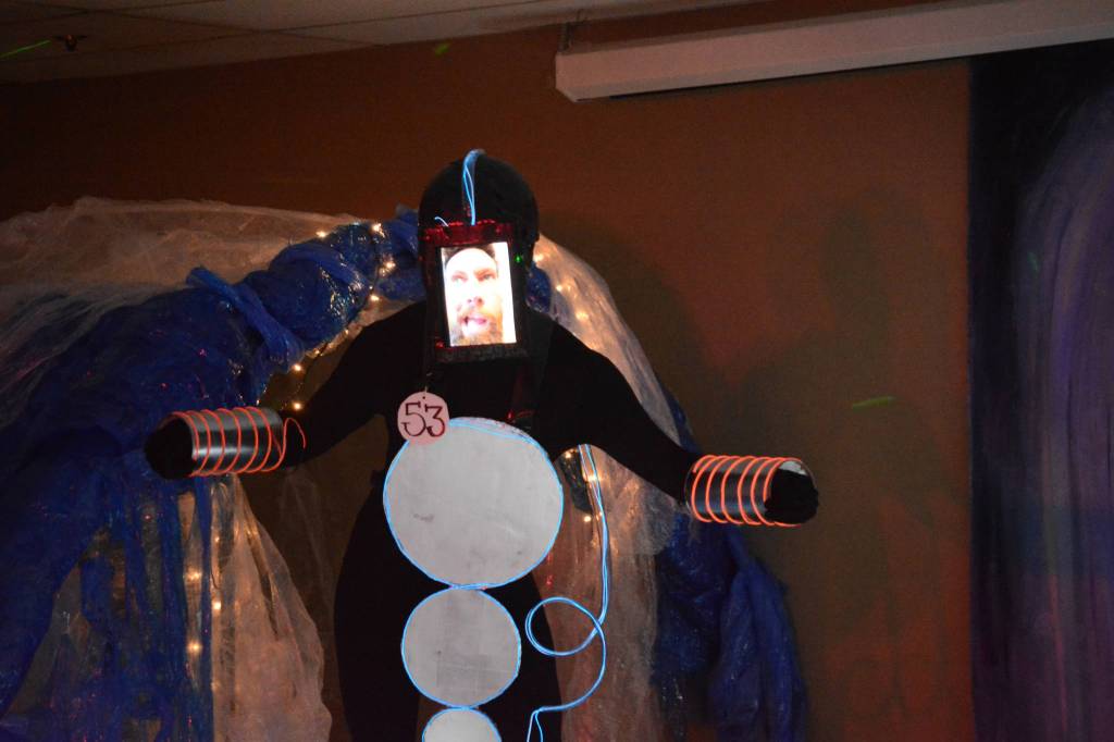 Lucas Thoning models his Anthronetic Technology at the 2018 Wearable Arts on Nov. 17, 2018, in Homer, Alaska. (Photo by Michael Armstrong/Homer News)