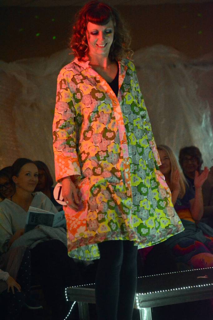 Mandy Bernard models Dangerous Coat by Catriona Reynolds at the 2018 Wearable Arts on Nov. 17, 2018, in Homer, Alaska. (Photo by Michael Armstrong/Homer News)