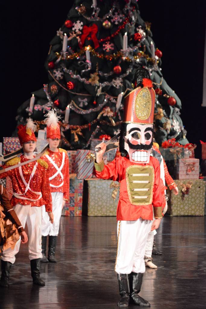 Liam James as the battle Nutcracker rehearses a scene from the Homer production of the Nutcracker Ballet on Nov. 25, 2018, at the Mariner Theatre in Homer, Alaska. (Photo by Michael Armstrong/Homer News)