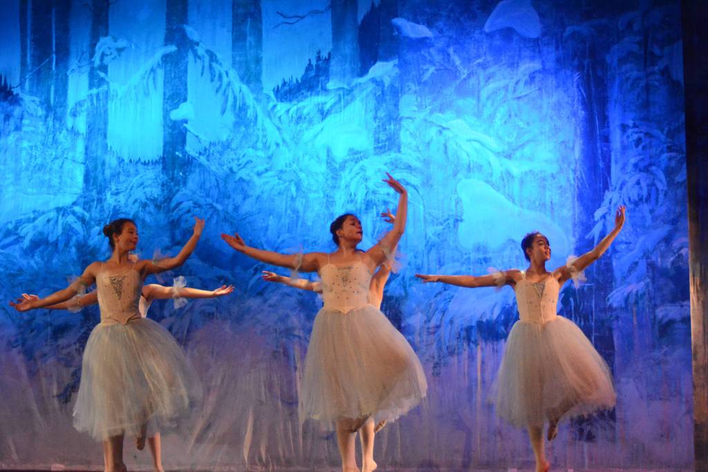 Dancers rehearse the snow fairies scene from the Homer production of the Nutcracker Ballet on Nov. 25, 2018, at the Mariner Theatre in Homer, Alaska. (Photo by Michael Armstrong/Homer News)
