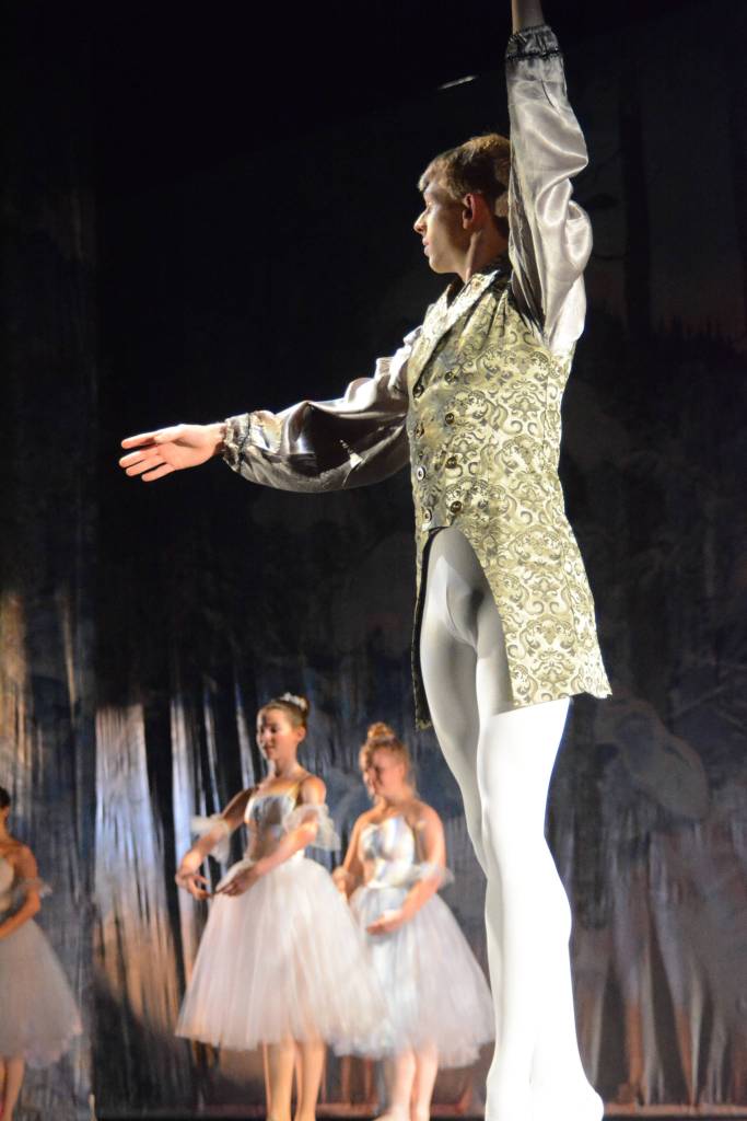 Collin Trummel, the Nutcracker Prince, right, rehearses a scene from the Homer production of the Nutcracker Ballet on Nov. 25, 2018, at the Mariner Theatre in Homer, Alaska. (Photo by Michael Armstrong/Homer News)