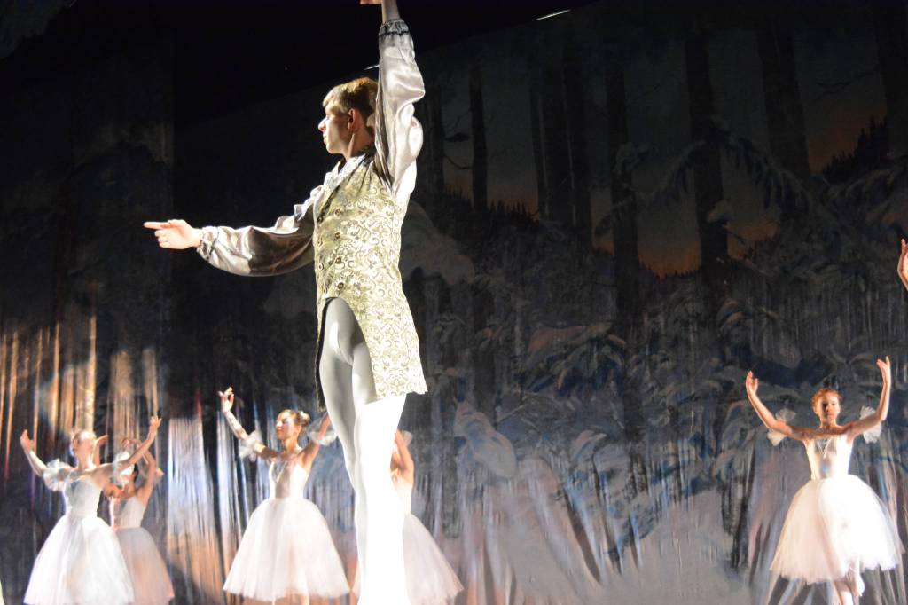 Collin Trummel, the Nutcracker Prince, center, rehearses a scene from the Homer production of the Nutcracker Ballet on Nov. 25, 2018, at the Mariner Theatre in Homer, Alaska. (Photo by Michael Armstrong/Homer News)