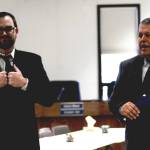 Borough Mayor Charlie Pierce and Chief of Staff John Quick speak to the attendees at Pierces swearing-in ceremony at the George A. Navarre Borough Administration Building on Monday, Nov. 6, 2017 in Soldotna, Alaska. (Photo by Elizabeth Earl/Peninsula Clarion, file)