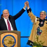In this Dec. 1, 2014 photo, Gov. Bill Walker, left, and Lt. Gov. Byron Mallott join hands on stage at the end of inauguration ceremonies at Centennial Hall. (Michael Penn | Juneau Empire File)