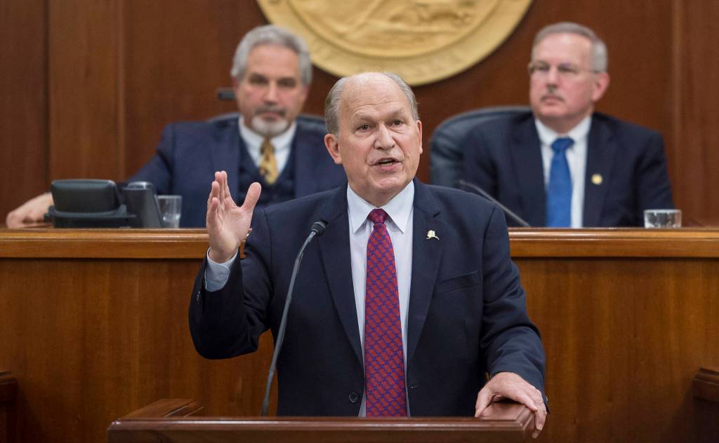 <span class="neFMT neFMT_PhotoCredit">File photo by Michael Penn/Juneau Empire</span>                                In this Jan. 18 photo, Gov. Bill Walker speaks during his State of the State address before a joint session of the Alaska Legislature at the Capitol. Senate President Pete Kelly, R-Fairbanks, left, and Speaker of the House Bryce Edgmon, D-Dillingham, watch from the Speakers desk in the background.