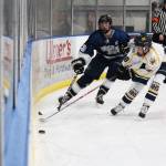 Freshman forward Casey Otis scoops the puck away from Eagle Rivers Logan Dudinsky during a game Thursday, Nov. 29, 2018 at the Kevin Bell Ice Arena in Homer, Alaska. The Mariners fell to the Wolves 8-0. (Photo by Megan Pacer/Homer News)