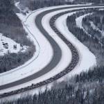 Traffic outbound from Anchorage on the Glenn Highway was at a standstill after a 7.0-magnitude earthquake caused damage in the Anchorage, Alaska, on Friday, Nov. 30, 2018. Scientists say the damaging Alaska earthquake and aftershocks occurred on a type of fault in which one side moves down and away from the other side. (Marc Lester/Anchorage Daily News via AP)