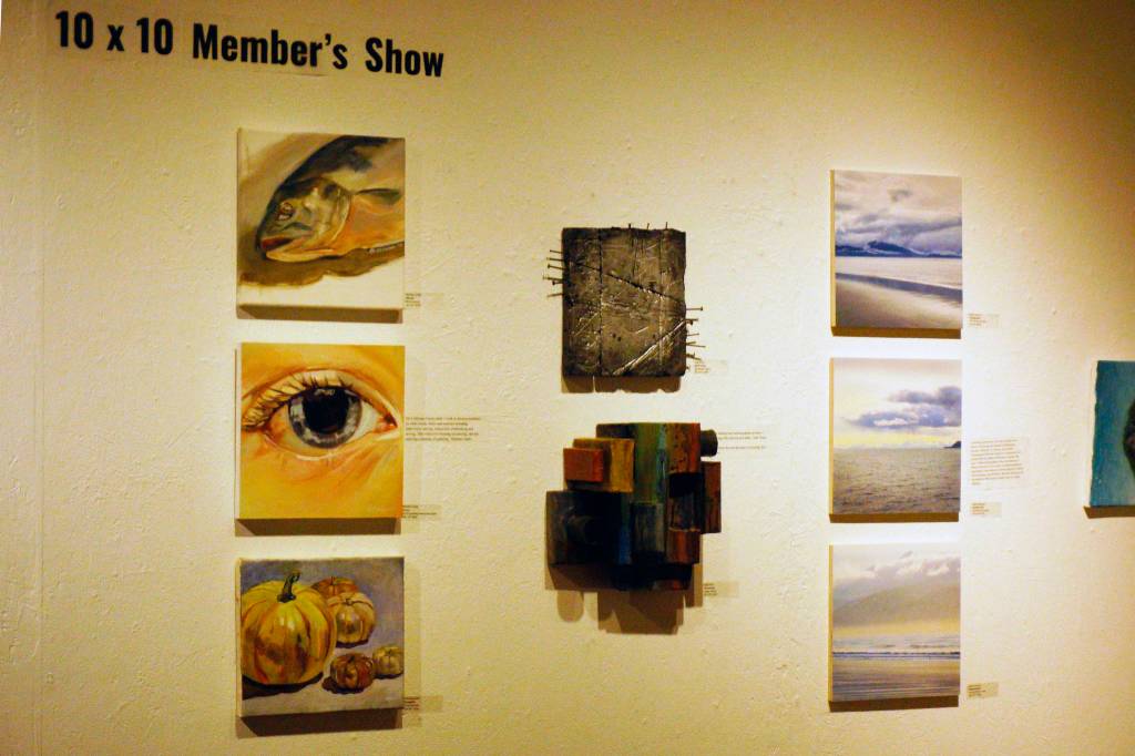Some of the works in Bunnell Street Arts Centers 10x10 show in Homer, Alaska. (Photo by Michael Armstrong/Homer News)
