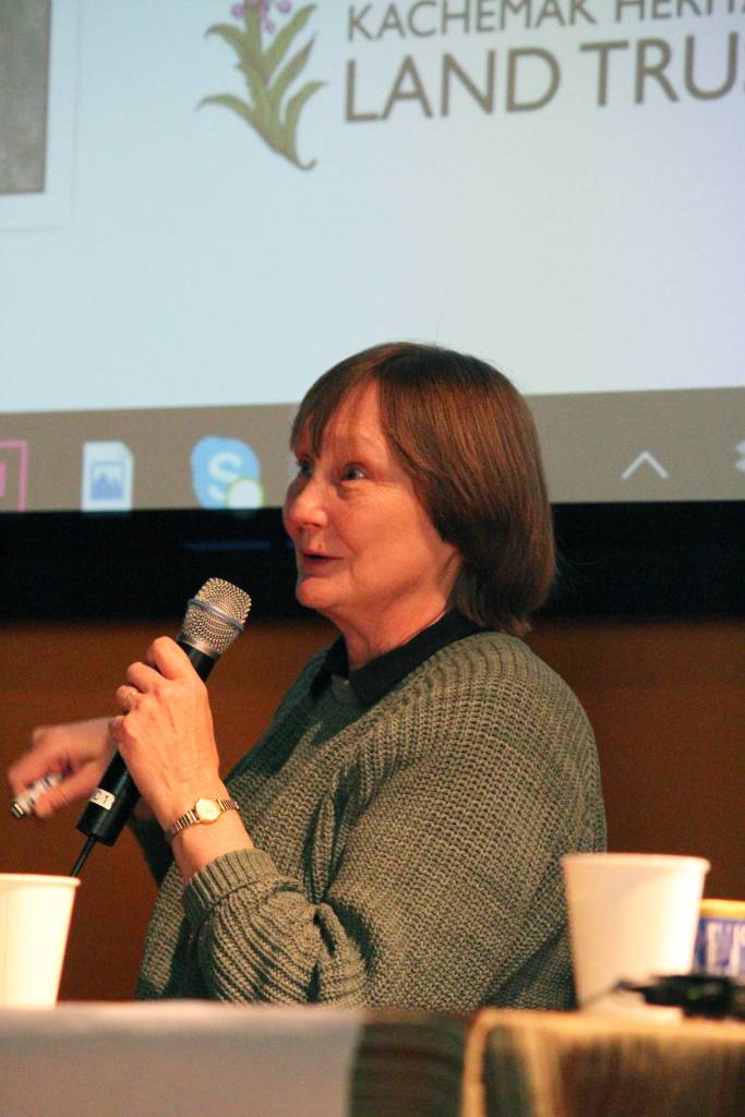 Mary Haakenson Perry speaks during Homestead Kids: Tales from the North Fork on Thursday, Dec. 13, 2018 at the Alaska Islands and Oceans Visitor Center in Homer, Alaska. (Photo by Megan Pacer/Homer News)