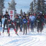Skiers participating in the 42 Kilometer race take off from the starting line in this years Kachemak Bay Nordic Ski Marathon on Saturday, March 10, 2018 at the McNeil Canyon Ski Area outside of Homer, Alaska. (Homer News file photo)