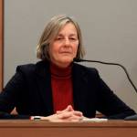Kathryn Dodge, a candidate for an Alaska House of Representatives seat from Fairbanks, testifies in her lawsuit challenging results of a recount on Thursday, Dec. 20, 2018, in Anchorage, Alaska. The Alaska Supreme Court appointed Superior Court Judge Eric Aarseth as a special master to prepare a report on the appeal of a recount of in the race between Dodge, a Democrat, and Republican Bart LeBon. LeBon held a one-vote lead after the recount. (AP Photo/Dan Joling)