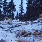 Kachemak Emergency Services Deputy Chief Joe Sallee inspects an exploded house near Mile 166 Sterling Highway on Friday, Dec. 28, 2018, near Homer, Alaska. The debris field from the explosion spread at least 200 feet in all directions. (Photo by Michael Armstrong/Homer News).