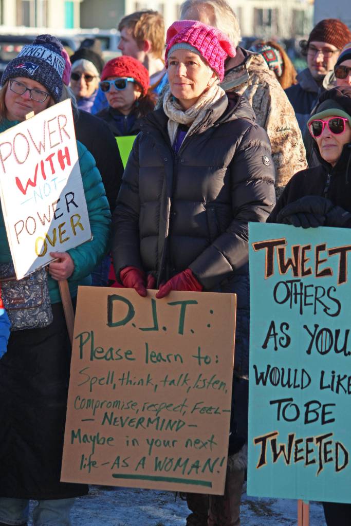 A crowd of people listens to speakers Saturday, Jan. 19, 2019 at the Homer Education and Recreation Complex just before the 2019 Womens March on Homer in Homer, Alaska. (Photo by Megan Pacer/Homer News)