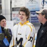 Homer senior Lee Lowe is honored with his parents on Senior Night for the Homer High School hockey team Thursday, Jan. 24, 2019 at Kevin Bell Arena in Homer, Alaska. The Mariners defeated Houston High School 10-1. (Photo by Megan Pacer/Homer News)