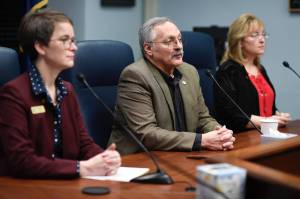 Rep. David Talerico, R-Healy, speaks during a press conference with Rep. Sarah Vance, R-Homer, left, and Rep. Colleen Sullivan-Leonard, R-Wasilla,at the Capitol on Tuesday, Jan. 29, 2019. (Michael Penn | Juneau Empire)