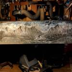 This photo of a work in progress by Jeff Dean shows an 8-foot, heat tinted steel wall piece depicting an Alaska mountain landscape that will be incorporated into a second floor railing at a home in Big Lake, Alaska. (Photo provided)