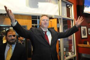 In this Nov. 6, 2018, file photo, Alaska Republican gubernatorial candidate Mike Dunleavy enters a campaign party as polls close on election day in Anchorage, Alaska. Alaskas new governor is heading into his first legislative session, where hell try to implement campaign promises on some politically thorny issues. (AP Photo/Michael Dinneen, file)