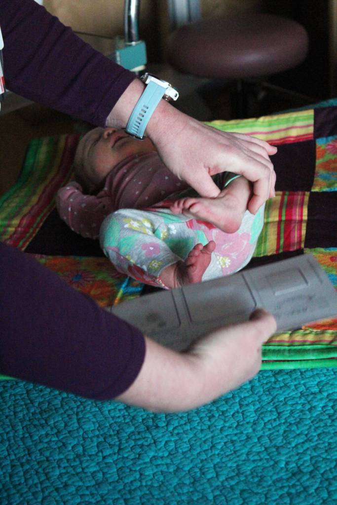<span class="neFMT neFMT_PhotoCredit">Photo by Megan Pacer/Homer News</span>                                Sequoia Snow Bettinger has her footprints taken Tuesday, Jan. 8, 2019 at South Peninsula Hospital in Homer, Alaska. She was the first baby born in Homer in the new year on Jan. 1.