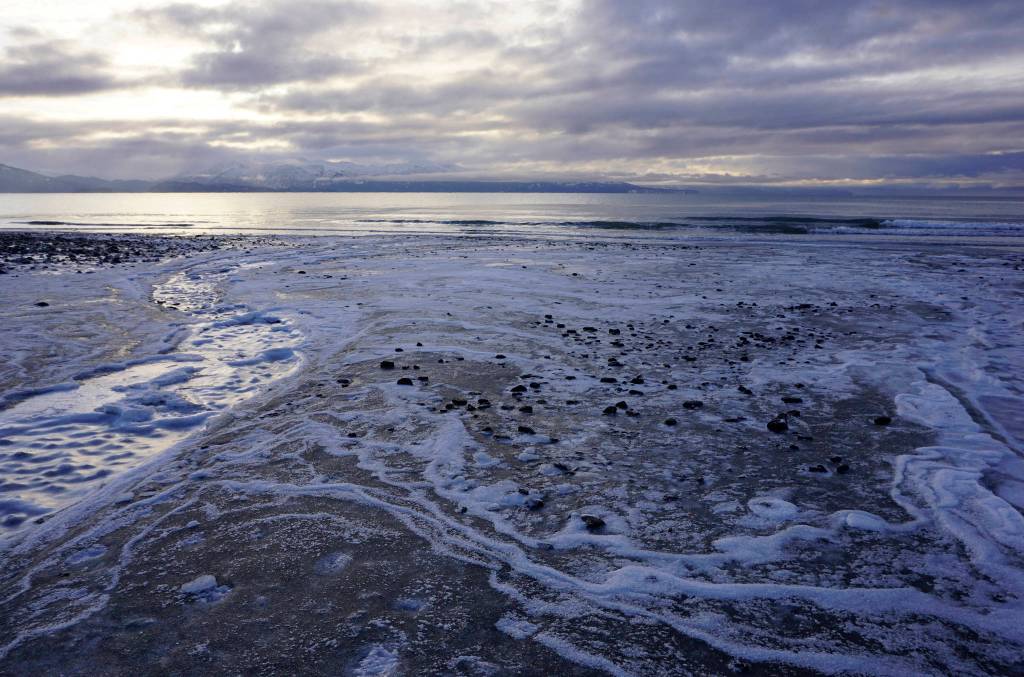 Ice covers the outflow of the Mariner Park Slough on Tuesday, Jan. 8, 2019, in Homer, Alaska. (Photo by Michael Armstrong/Homer News)