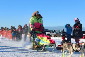 Monica Zappa, in her telltale neon garb, takes off with her team from the starting line of the Tustumena 200 Sled Dog Race on Jan. 27, 2018 at Freddies Roadhouse in Ninilchik. (Homer News file photo)