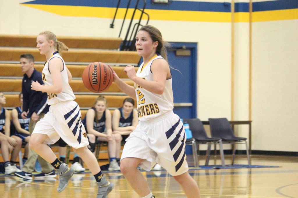Homers Rylee Doughty takes the ball down the court during a Tuesday, Jan. 15, 2019 game against Soldotna High School in Homer, Alaska. (Photo by Megan Pacer/Homer News)