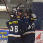 Homer skater Tyler Gilliland (center) celebrates with teammates after scoring a goal in the second period Tuesday, Jan. 15, 2019 at the Soldotna Regional Sports Complex in Soldotna, Alaska. (Photo by Joey Klecka/Peninsula Clarion)