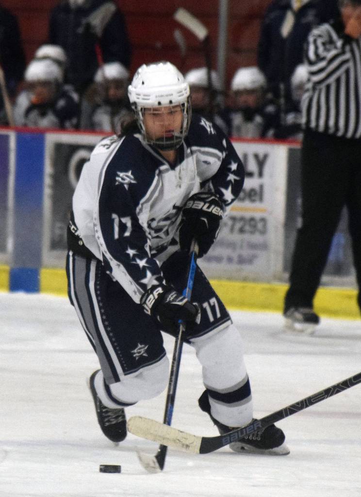 Soldotnas Wyatt Medcoff works the puck down the ice Tuesday, Jan. 15, 2019 against Homer at the Soldotna Regional Sports Complex in Soldotna, Alaska. (Photo by Joey Klecka/Peninsula Clarion)