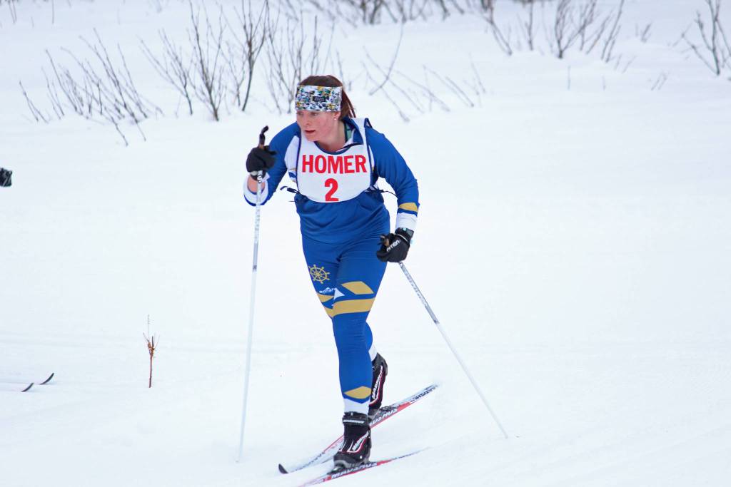 Homers Katia Holmes rounds a bend in the varsity girls classic cross-country ski race Friday, Feb. 1, 2019 at the Lookout Mountain Trails near Homer, Alaska. Holmes came in third in the race. (Photo by Megan Pacer/Homer News_