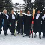 A gaggle of Ruth Bader Ginsburgs pose to show off their group costume before the annual Ski for Women on Sunday, Feb. 3, 2019 at the Lookout Mountain Trails near Homer, Alaska. (Photo by Megan Pacer/Homer News)