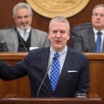 In this Feb. 26, 2018 photo, U.S. Sen. Dan Sullivan, R-Alaska, gives a thumbs up while speaking about the opening of the Arctic National Wildlife Refuge to oil drilling during his annual speech to a joint session of the Alaska Legislature at the Capitol. (Michael Penn | Juneau Empire File)