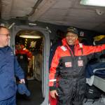 Chief Petty Officer Michael Kozloski, officer-in-charge of Coast Guard Cutter Chock, and Lt. Gov. Boyd K. Rutherford laugh during the lieutenant governors visit aboard the cutter moored up at Curtis Bay in Maryland, Wednesday, Jan. 20, 2016. Rutherford visited with Coast Guard crews from Sector Baltimore, Station Curtis Bay, and the cutter Chock. Kozloski was later promoted to Chief Warrant Officer (U.S. Coast Guard photo by Petty Officer David R. Marin)