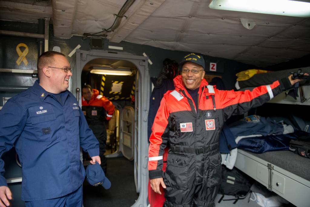 Chief Petty Officer Michael Kozloski, officer-in-charge of Coast Guard Cutter Chock, and Lt. Gov. Boyd K. Rutherford laugh during the lieutenant governors visit aboard the cutter moored up at Curtis Bay in Maryland, Wednesday, Jan. 20, 2016. Rutherford visited with Coast Guard crews from Sector Baltimore, Station Curtis Bay, and the cutter Chock. Kozloski was later promoted to Chief Warrant Officer (U.S. Coast Guard photo by Petty Officer David R. Marin)