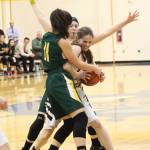 Homers Laura Inama tries to keep the ball away from Sewards Anevay Ammbrosiani (No. 11) and Katelyn Lemme (background) Friday, Feb. 8, 2019 during the Winter Carnival Basketball Tournament in Homer, Alaska. (Photo by Megan Pacer/Homer News)
