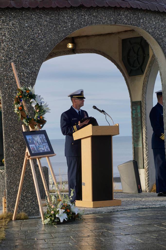Chaplain Gary Pepper speaks at a memorial service for Chief Warrant Officer Michael Kozloski on Friday morning, Feb. 8, 2019, at the Seafarers Memorial on the Homer Spit, Homer, Alaska. (Photo by Michael Armstrong/Homer News)