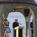 Adm. Matthew T. Bell Jr., 17th District Commander, U.S. Coast Guard, speaks at a memorial service for Chief Warrant Officer Michael Kozloski on Friday morning, Feb. 8, 2019, at the Seafarers Memorial on the Homer Spit, Homer, Alaska. (Photo by Michael Armstrong/Homer News)