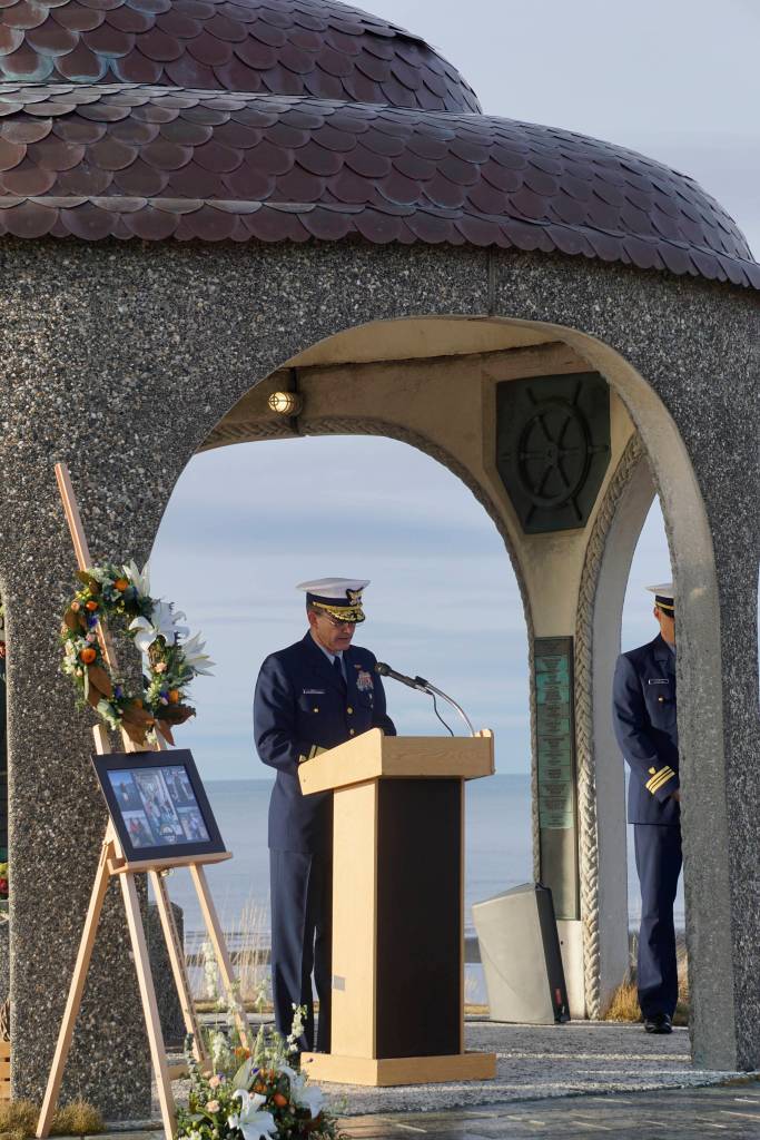 Adm. Matthew T. Bell Jr., 17th District Commander, U.S. Coast Guard, speaks at a memorial service for Chief Warrant Officer Michael Kozloski on Friday morning, Feb. 8, 2019, at the Seafarers Memorial on the Homer Spit, Homer, Alaska. (Photo by Michael Armstrong/Homer News)