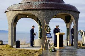 Adm. Matthew T. Bell Jr., 17th District Commander, U.S. Coast Guard, speaks at a memorial service for Chief Warrant Officer Michael Kozloski on Friday morning, Feb. 8, 2019, at the Seafarers Memorial on the Homer Spit, Homer, Alaska. (Photo by Michael Armstrong/Homer News)