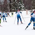 Katia Holmes (far right) and Zoe Stonorov (second from left) ski at the Region III meet held Friday and Saturday, Feb. 8-9, 2019 at the Government Peak Recreation Area near Palmer, Alaska. (Photo by Debbie Decker)