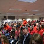 Teachers and support staff from across the Kenai Peninsula fill the Betty J. Glick Borough Assembly Chambers during the Kenai Peninsula Borough School District Education Board meeting in Soldotna, Alaska on Monday, Feb. 11, 2019. (Photo by Victoria Petersen/Peninsula Clarion)